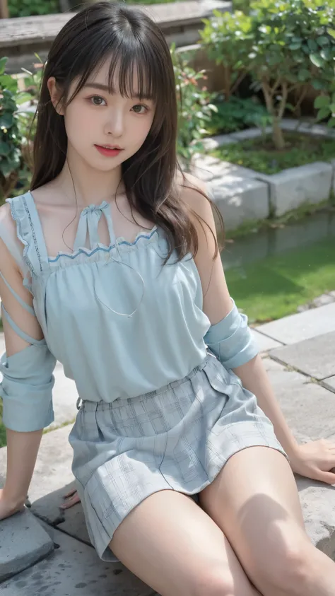 Photo taken by a professional photographer，21 year old Japan cute girl，Close-up of a woman sitting on a stone ledge, Young and cute gravure idol, realistic young gravure idol, sakimichan, young gravure idol, Chiho, motto hole, Young skinny gravure idol, sh...