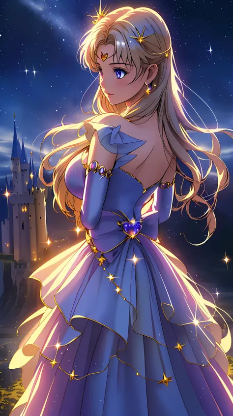 fantastical starry sky, magical girl waving her magic wand, illuminating the world, warming hearts, starry castle, sense of myst...