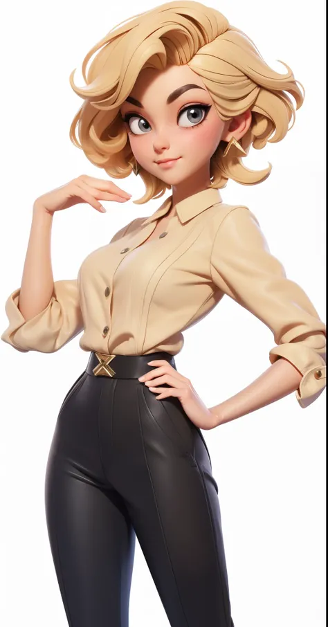 3d character model，blonde，short hair，curls，beige blouse，black pants，Pearl stud earrings ，16k，Exquisite detail drawing，Ultra-clear details，A masterpiece