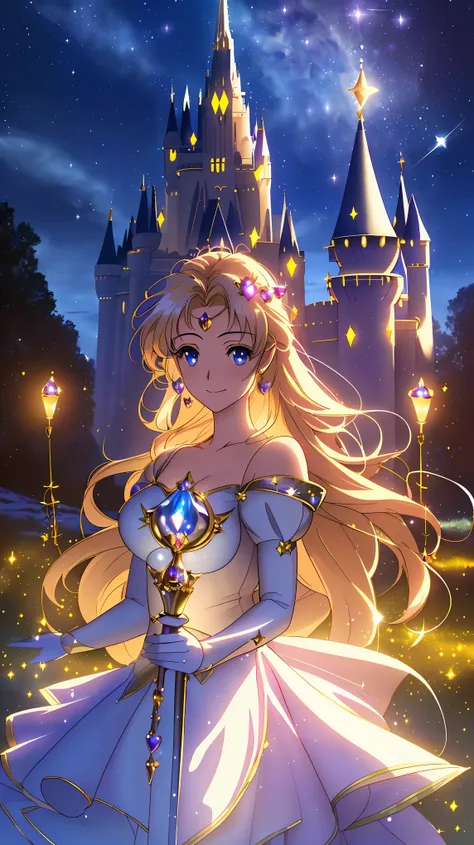 fantastical starry sky, magical girl waving her magic wand, illuminating the world, warming hearts, starry castle, sense of myst...