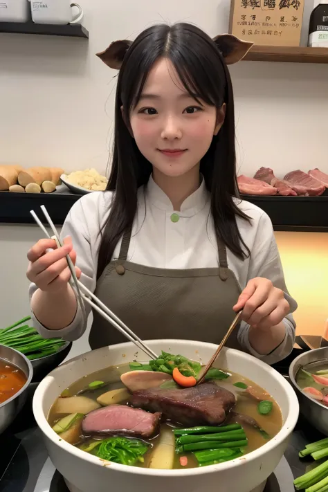 best quality，a girl，Detailed face，There is hot pot in front，Fat cattle，lamb leg，Green vegetables，Meat on the table