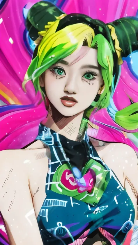 a drawing of a woman with a green hair and a blue top, jojo anime style, rossdraws cartoon vibrant, decora inspired illustration...