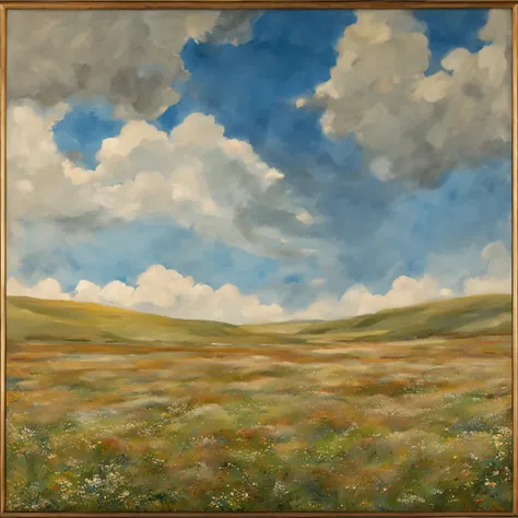 a beautiful painting grassland with blue sky and scattered clouds,