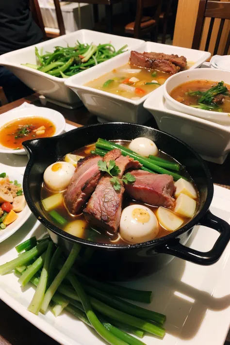 best quality，a girl，Detailed face，There is hot pot in front，Fat cattle，lamb leg，Green vegetables，Meat on the table