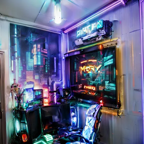 there is a room with a desk, chair, and a television, in a cyberpunk themed room, gaming room, cyberpunk childrens bedroom, mappa studio artstyle, neon signs in background, official artwork hdr, cyberpunk teenager bedroom, dark show room, studio ghibly sty...