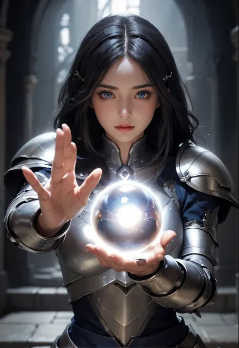 A beautiful woman holds her palm facing the camera, trying to use magic. A round energy ball is born in the palm of your hand. A beautiful woman with silver hair and blue eyes. She wears silver armor.