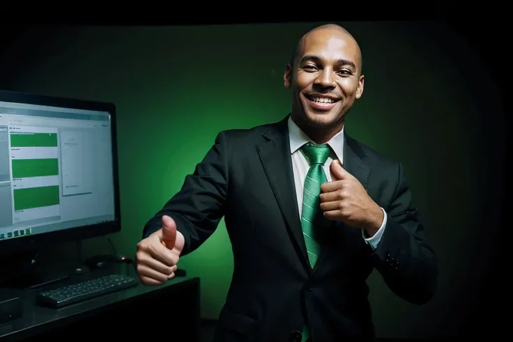 an happy business man dancing in front of a computer, thumbs up, black and green colors, drammatic shadows

