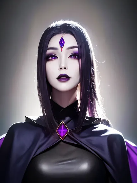 (Best Quality, 8k, Masterpiece, UHD), (Photo of Attractive Korean Gothic model Woman with tattoos), solo 1Girl as Raven, ((gemstone on forehead)), heavy makeup , cape, choker,very pale skin,Ultra Detailed Face, Detailed Lips, Fine Eyes, black lipstick, Fin...