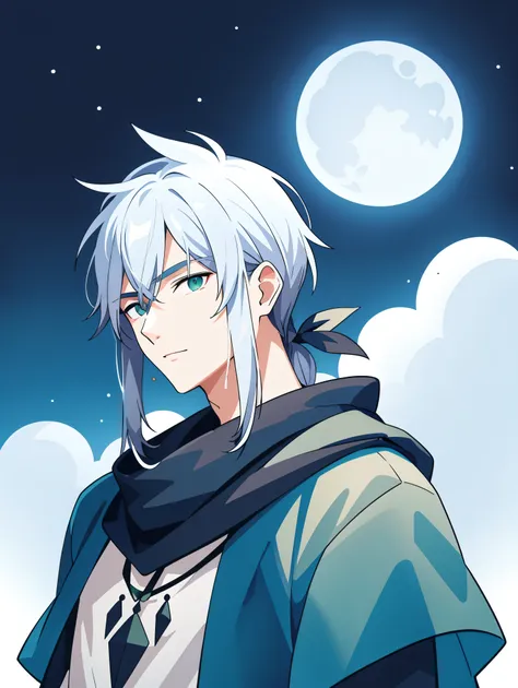 fortune teller、adult male、gray hair、moon in the background、green eyes、green theme color、Upper body、Mysterious、high quality、High resolution