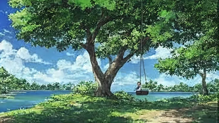 Picture of a swing hanging from a tree above a body of water, Beautiful peace scenes in anime, anime nature wallpap, anime nature, anime scenerry, beautiful anime scenerry, anime background art, anime background, anime countryside landscape, beautiful anim...