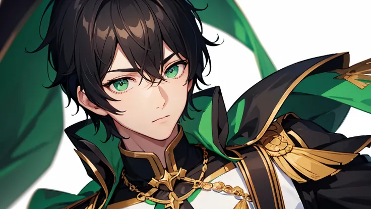 man, young man, black hair, green eyes, male idol uniform, photo shoot, white background, extremely detailed