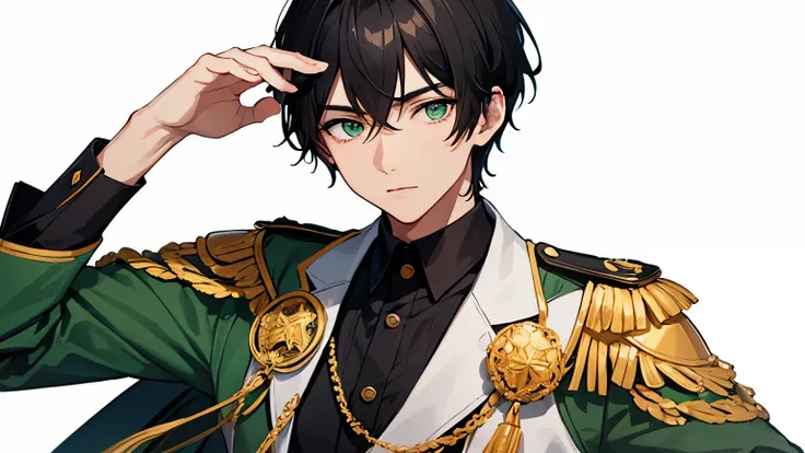 man, young man, black hair, green eyes, male idol uniform, photo shoot, white background, extremely detailed