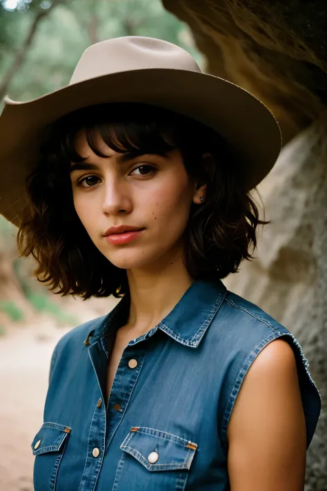 photograph of a woman, (worried facial expression), piel texturizada, piel de gallina, pelo rubio afro, camisa de franela a cuadros con jeans boyfriend desgastados, tiro de vaquero, dark and mysterious cave with unique rock formations and hidden wonders, o...