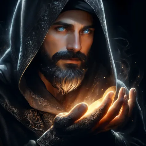 artistic fantasy, fantasy art, handsome male magician 40 years old with a beard in a hood of a black robe, black background, close-up face, light from below backlight, cunning look, beautifully folded hands, magic, mysticism, digital painting