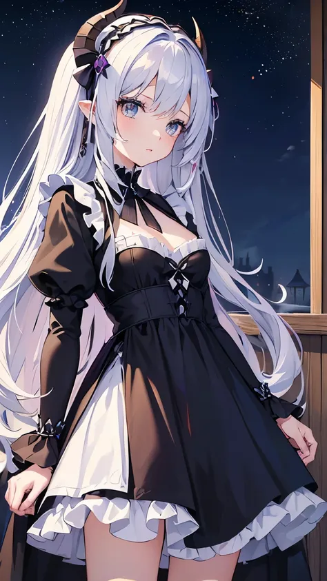 Anime girl avec des cornes et une robe avec un crâne dessus, ((des cheveux châtain clairs))( en robe, gothic maiden Fille animée, waifu anime mignon dans une jolie robe, style artistique anime moe, Fille animée wearing a black dress, noyau nocturne, (Fille...