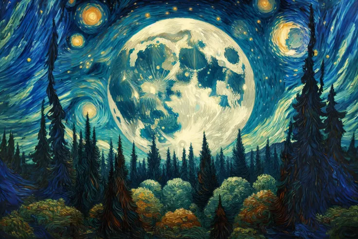 Big full moon upon the forest. Painted in Van Gogh Style. Oil Canvas.