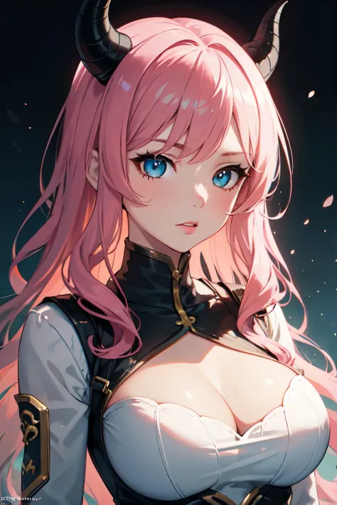 ((best quality)), ((masterpiece)), (detailed), perfect face. 1girl, 1woman, pink hair, wavy hair, blue eyes, anime, adult woman, long hair, demon horns, model, beautiful, fantasy, pirate, Upper body, Beautiful anime art. human ears