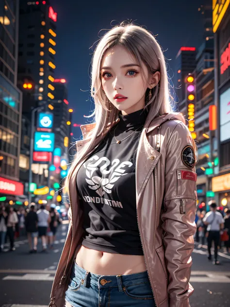 lifelike, high resolution, 1 female, aldult, alone, blue eyes, Buttocks up, （超shorts）((cosmetic)),red lips, jacket, t-shirt, shorts, cyberpunk style, night city, neon lights