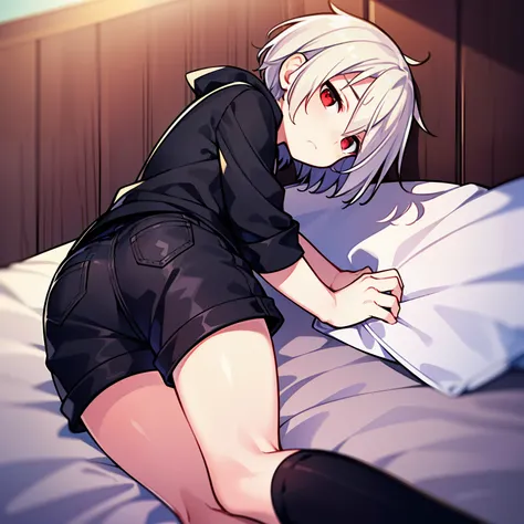 (high-quality, breathtaking),(expressive eyes, perfect face), 1boy, solo, short, young boy, short white hair, red eyes, black clothes, wear short shorts, sad, lying face up, on bed