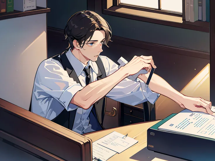 (highest quality, masterpiece, RAW photo,super detailed:1.2), 8K,More delicate,30 year old man,A male office worker looking down and worrying