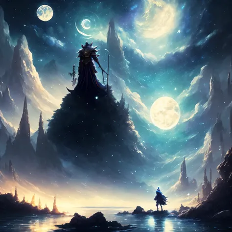 Highly concentrated beauty，Wearing Jiang Tian, Starry Moon Painting, Concept art inspired by Mitsuhiro Tosa, pixiv contest winners, best quality, fantasy art, beautiful anime scene, A bright moon, starry sky environment in moonlight, dream, anime backgroun...