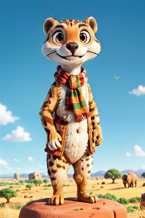 In the heart of the African savanna, a dapper meerkat dons a stylish scarf around its neck, blending saturated hues with the sun-kissed grasslands. The meerkats inquisitive eyes, reflecting a deep sense of curiosity, are focused through a pair of high-end ...