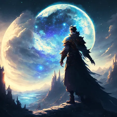 Highly concentrated beauty，Wearing Jiang Tian, Starry Moon Painting, Concept art inspired by Mitsuhiro Tosa, pixiv contest winners, best quality, fantasy art, beautiful anime scene, A bright moon, starry sky environment in moonlight, dream, anime backgroun...