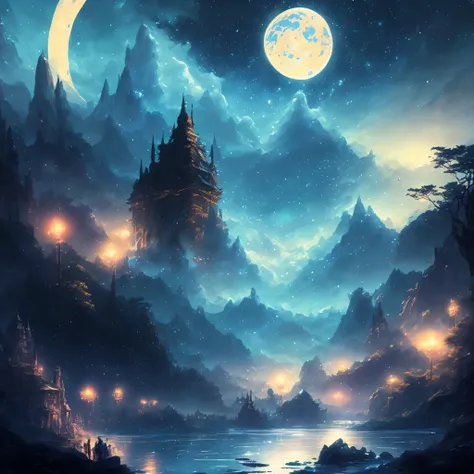 Highly concentrated beauty，Wearing Jiang Tian, Starry Moon Painting, Concept art inspired by Mitsuhiro Tosa, pixiv contest winners, best quality, fantasy art, beautiful anime scene, A bright moon, starry sky environment in moonlight, dream, anime backgroun...