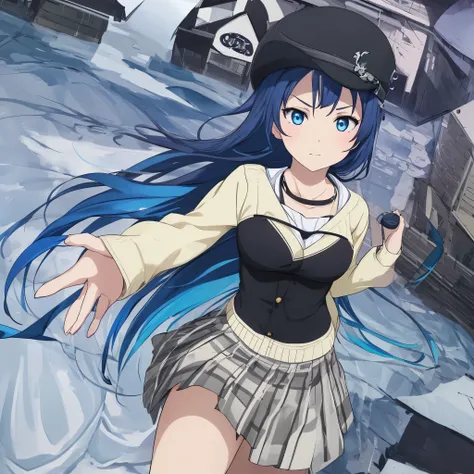 teenage girl sporting a dark blue hair color with blue highlights, Dark blue eyes with blue highlights, Blue eyebrows, Black Iris, Very curvy body, Beautiful face, Fair skinned, She wears a ushanka, her school uniform is black and blue