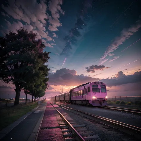 Anime scene with train passing under pink and purple sky, anime drawing by Makoto Shinkai, trending on pixiv, magic realism, beautiful anime scene, cosmic sky. by makoto shinkai, ( ( makoto shinkai ) ), by makoto shinkai, anime background art, makoto shink...