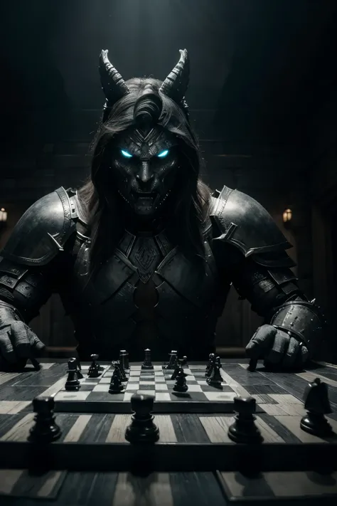 An **epic chess battle scene** with **living pieces** as mythical creatures and warriors, **two formidable netherworld creatures** in combat against an **epic human hero**, their intense stare down illuminating their faces, a **dynamic chessboard** with kn...