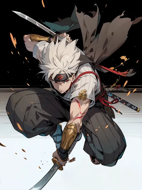 Japanese manga style, Q version, Cartoon, chino, Stroke style, Man with short white hair, whole body perspective, front view, swordsman, warrior, Wearing armor, Jumping action, Flying into the sky, Can ninjutsu, beautiful big red eyes, Angry expression dur...