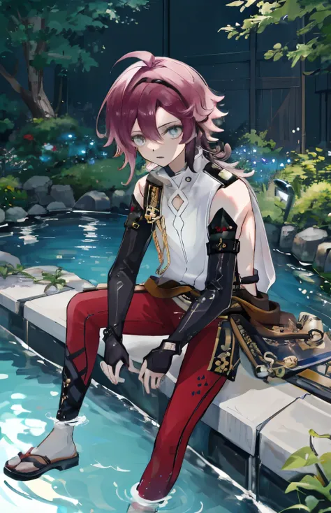 Wallpaper phone，8K quality，a boy，12 year old boy，Soak your whole body in water，red leggings，Bandage gloves，Exquisite facial features，exquisite eyes，Injuried，scared expression，Genshin Impact，The crotch is bigger，Sitting in the hot spring