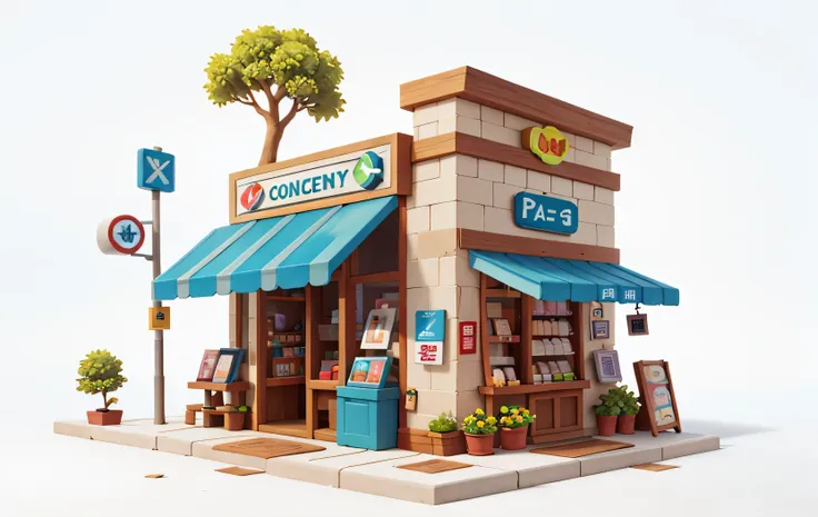 Cartoon style, polygon, game architectural design, fantasy, A very small and cute one-story convenience store building., simple design, white background, Small shop, ultra-modern building, Futuristic buildings, One Tree