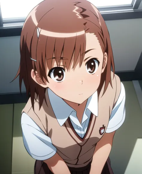 masterpiece, best quality, misaka_mikoto, brown eyes, short_hair, small_breast, looking at viewer, solo, closed_mouth, collared_shirt, school_uniform, shirt, white_shirt, classroom