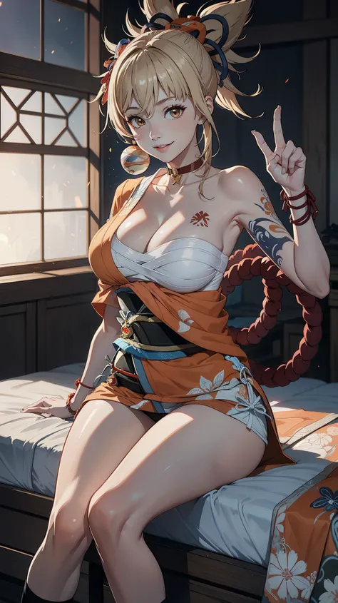 Masterpiece, high quality, 8k, ultra detail, 1 girl, (dynamic poses), ((yoimiyadef)), sitting, bed, huge breast, smile