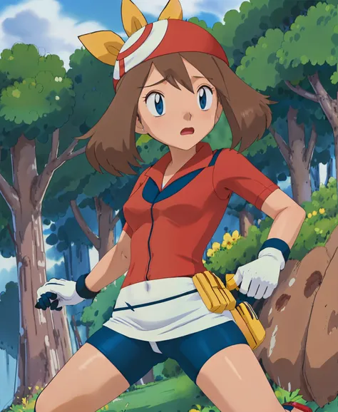 masutepiece, best quality, hight resolution, outdoors, 1girl in, solo, may (a pokémon), (((brown hair))), bandana, (((red shirt ...