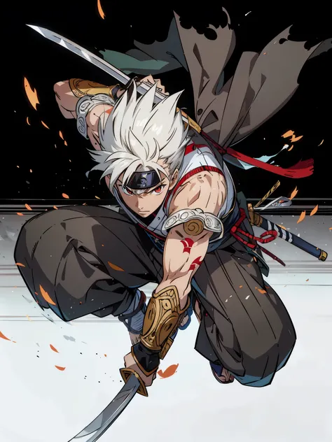 Japanese manga style, Q version, Cartoon, chino, Stroke style, Man with short white hair, whole body perspective, front view, swordsman, warrior, Wearing armor, Jumping action, Flying into the sky, Can ninjutsu, beautiful big red eyes, Angry expression dur...