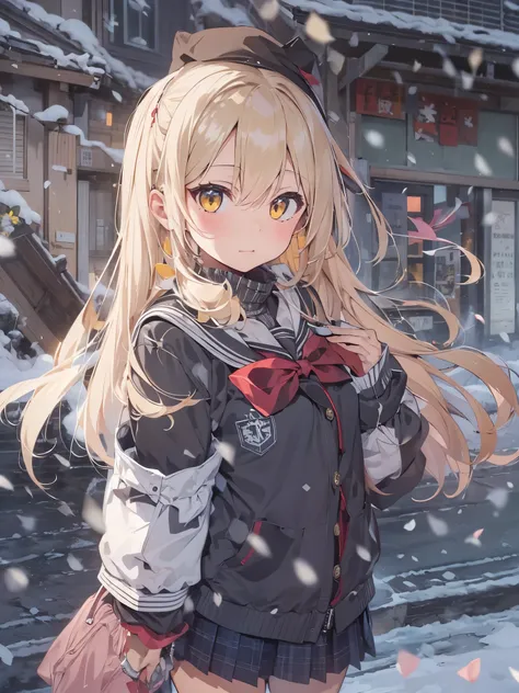 1 girl, hair blonds, yellow eyes, winter Japanese school uniform, listless, with pistol (glock17)