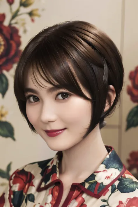 151
(20 year old woman,Floral clothing), (Super realistic), (high resolution), ((beautiful hairstyle 46)), ((short hair:1.46)), (gentle smile), (brest:1.1), (lipstick)
