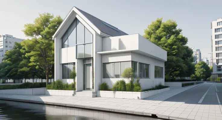 Professional photos of modern house buildings , clean white concrete & Next to the river, next to the road in front of the building., hills and trees background