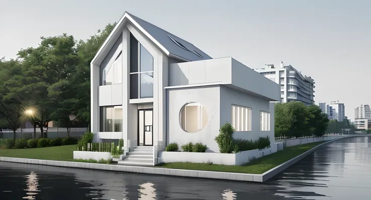 Professional photos of modern house buildings , clean white concrete & Next to the river, next to the road in front of the building., hills and trees background