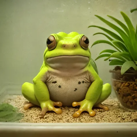 there is a frog that is sitting on a rail in a bathroom, peepo the frog!!!, frog, amazon milk frog, cute frog, a photo of a frog with a hat, Hold out to the camera, fluffy green belly, frog perspective, alien frog, frog head, froggy, Gecko sitting in a ter...