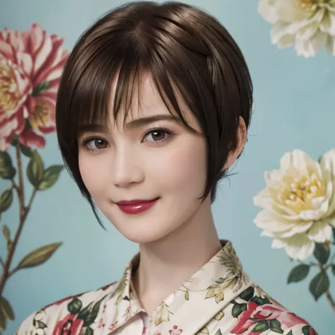 151
(20 year old woman,Floral clothing), (Super realistic), (high resolution), ((beautiful hairstyle 46)), ((short hair:1.46)), (gentle smile), (brest:1.1), (lipstick)
