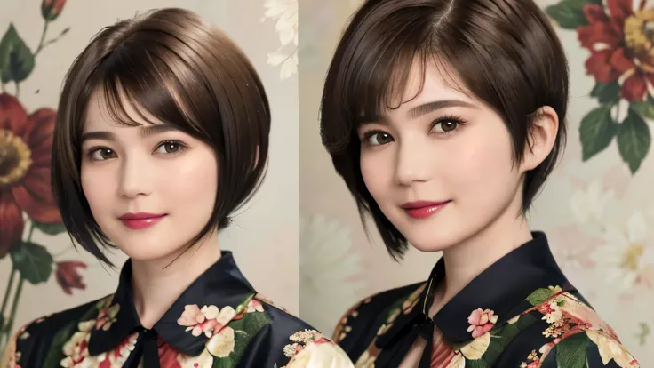 151
(20 year old woman,Floral clothing), (Super realistic), (high resolution), ((beautiful hairstyle 46)), ((short hair:1.46)), (gentle smile), (brest:1.1), (lipstick)