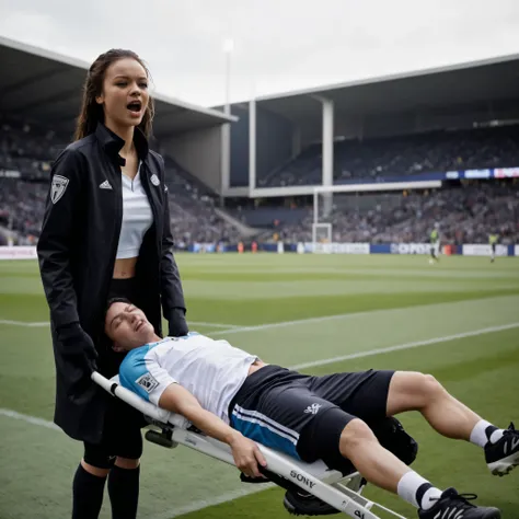 a soccer scene in a sports stadium, cool and wet weather conditions, humide, Rihanna carrying a stretcher, Rihanna in a very shiny coat who are carrying a stretcher in a sports stadium, there is a wounded male soccer player in a matte short cotton sports o...