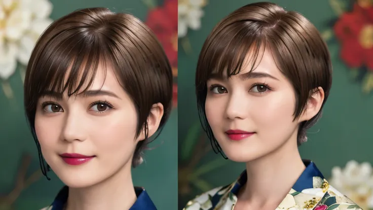 151
(20 year old woman,Floral clothing), (Super realistic), (high resolution), ((beautiful hairstyle 46)), ((short hair:1.46)), (gentle smile), (brest:1.1), (lipstick)
