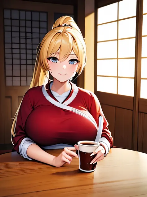 masterpiece, anime, best quality,((look at the viewer)), smile, 1 woman, half Japanese, half American, blonde, ponytail, housewife, medium breast, ((((American clothes for Winter)))), ((table)), Drinking alcohol, sitting, ((shot from the front)), front, 28...