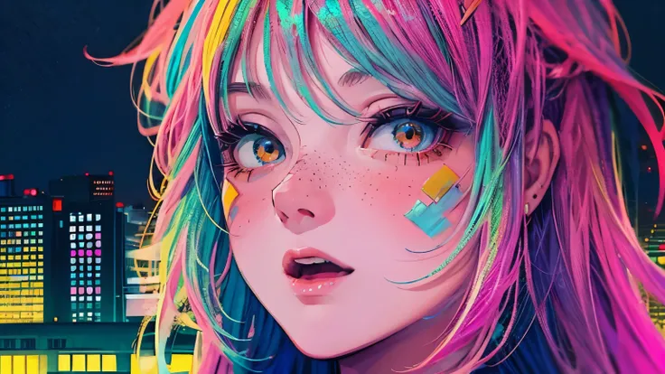 best quality, 4K wallpaper, masterpiece, extremely detailed CG unity 8k wallpaper, extremely detailed eyes, ultra-detailed, intricate details, face close up 1 happy girl in center, "no hand" retro art style, neon_pop art style, public, outdoors, roof top, ...