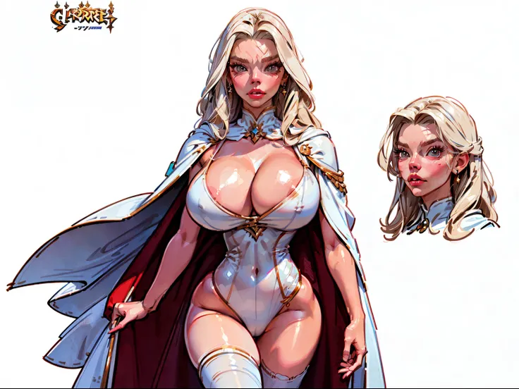 ((masterpiece)),(((best quality))),((character design sheet)), (Anya Taylor Joy face), illustration,1woman, environment Scene change,  muscular, (white skin:1.4), white legs, thick legs, royalty cape, scribbles and marks, (gigantic breasts), ((detailed fac...